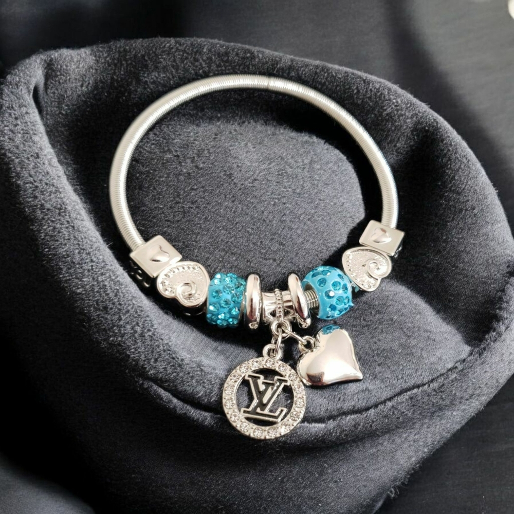 Silvertone Bracelet Stretch Charm Initial Letter Blue Black Enamel Bling Jewelry